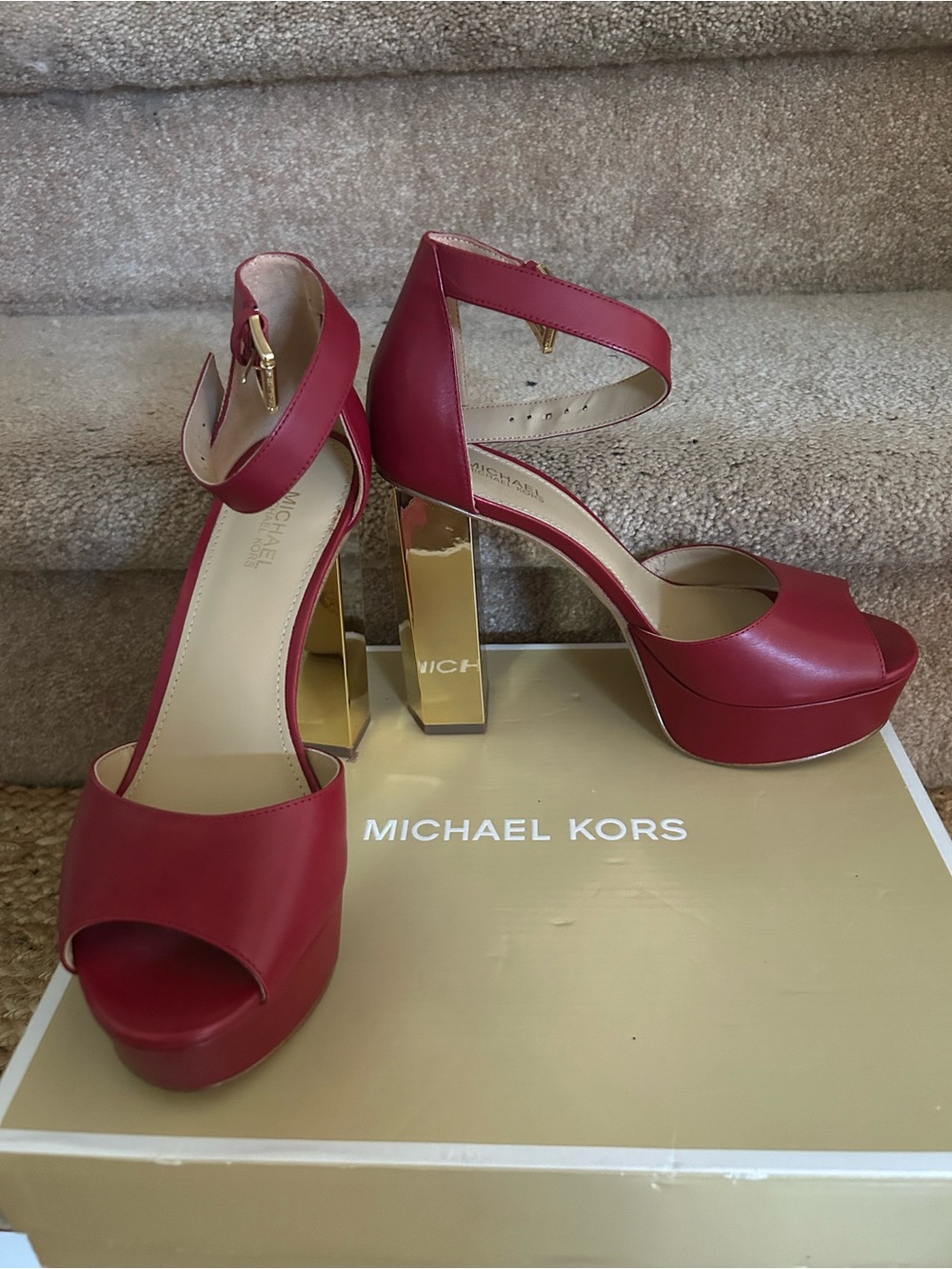 Michael Kors Red Leather Platform Ankle-Strap Heels with Gold Block Heel